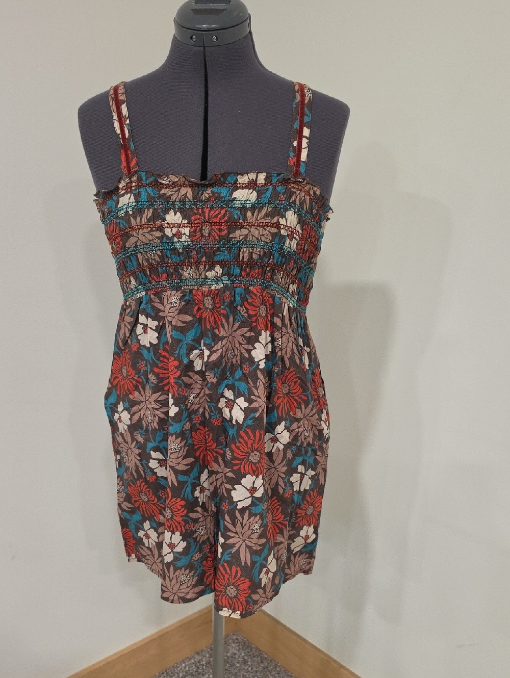 Maurices Brown Floral Smocked Cami with Red & Teal Accents